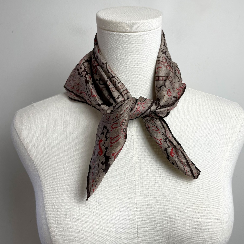 Vintage Silk Square Scarf Italy Hand Rolled Paisley Brown Preppy Old Money